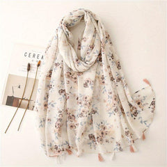 Beige Flower Print Scarf Tassel Shawl for Women