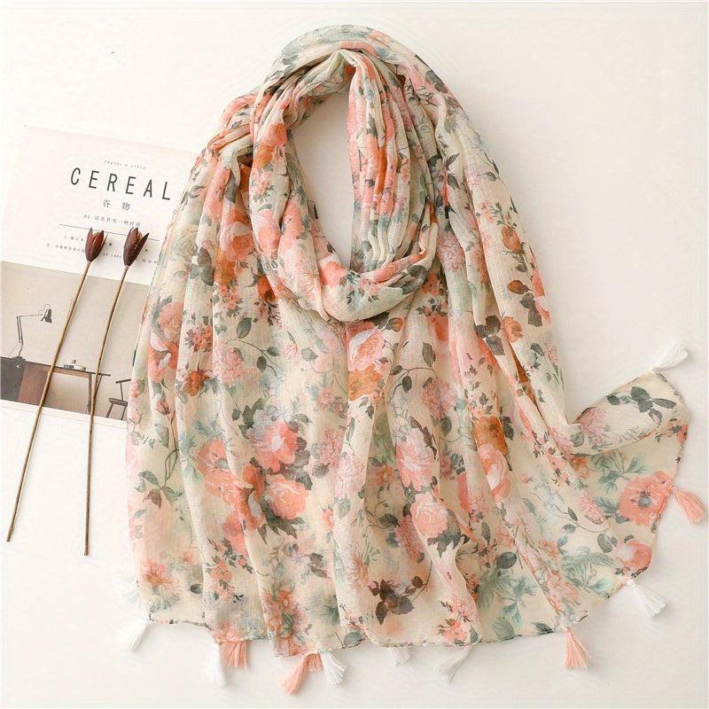 Beige Flower Print Scarf Tassel Shawl for Women