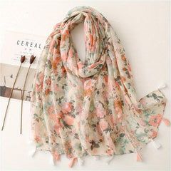 Beige Flower Print Scarf Tassel Shawl for Women