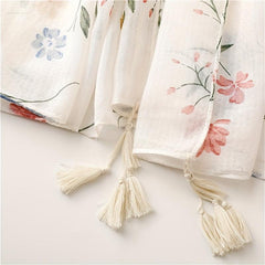Beige Flower Print Scarf Tassel Shawl for Women