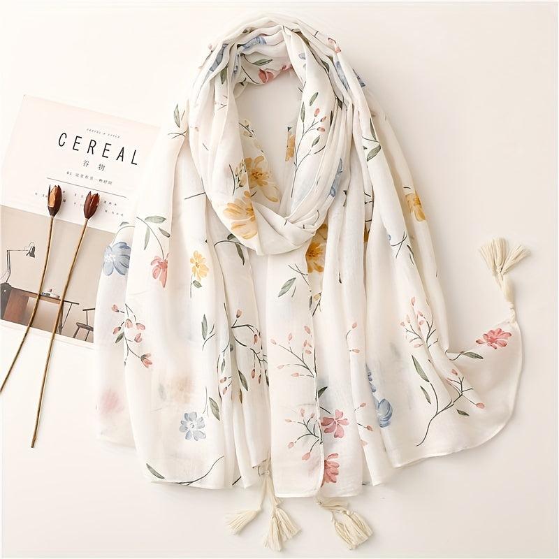 Beige Flower Print Scarf Tassel Shawl for Women