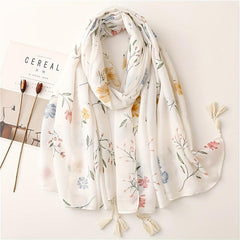 Beige Flower Print Scarf Tassel Shawl for Women