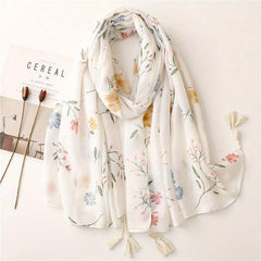 Beige Flower Print Scarf Tassel Shawl for Women