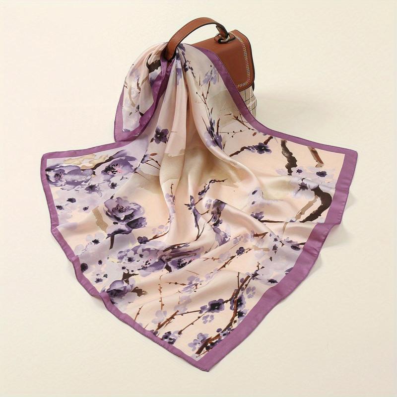 Tie Dye Plum Print Square Scarf Satin Ink Flower Neckerchief