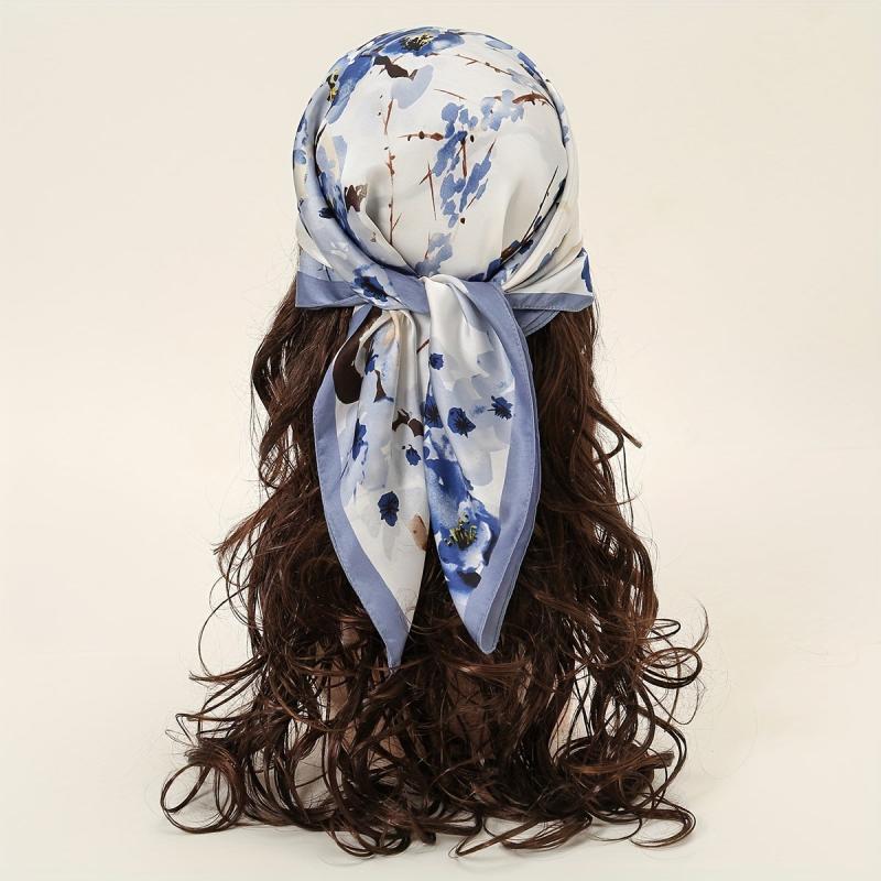 Tie Dye Plum Print Square Scarf Satin Ink Flower Neckerchief