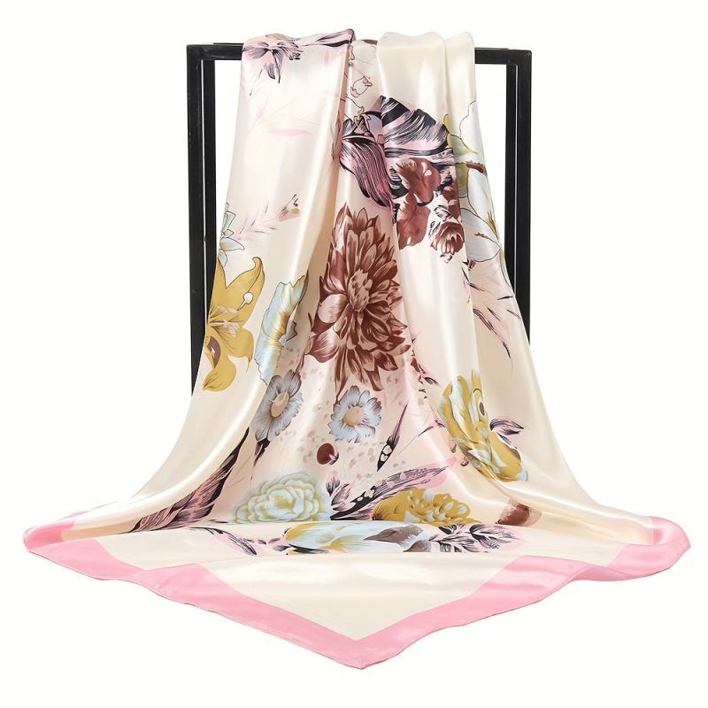 Flower Print Shawl Large Satin Square Scarf Bandana Head Wrap