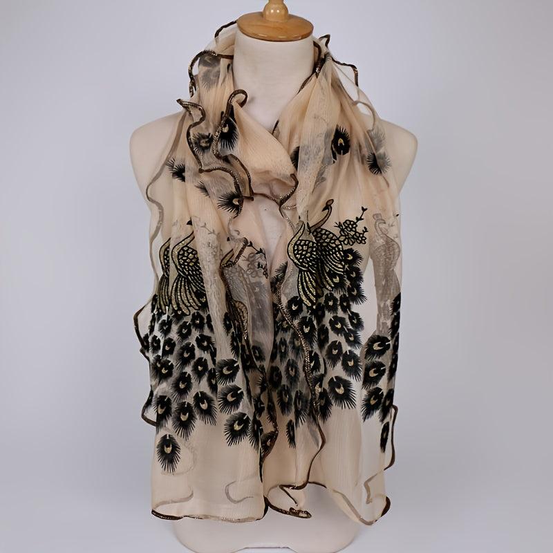 Peacock Velvet Golden Print Long Scarf