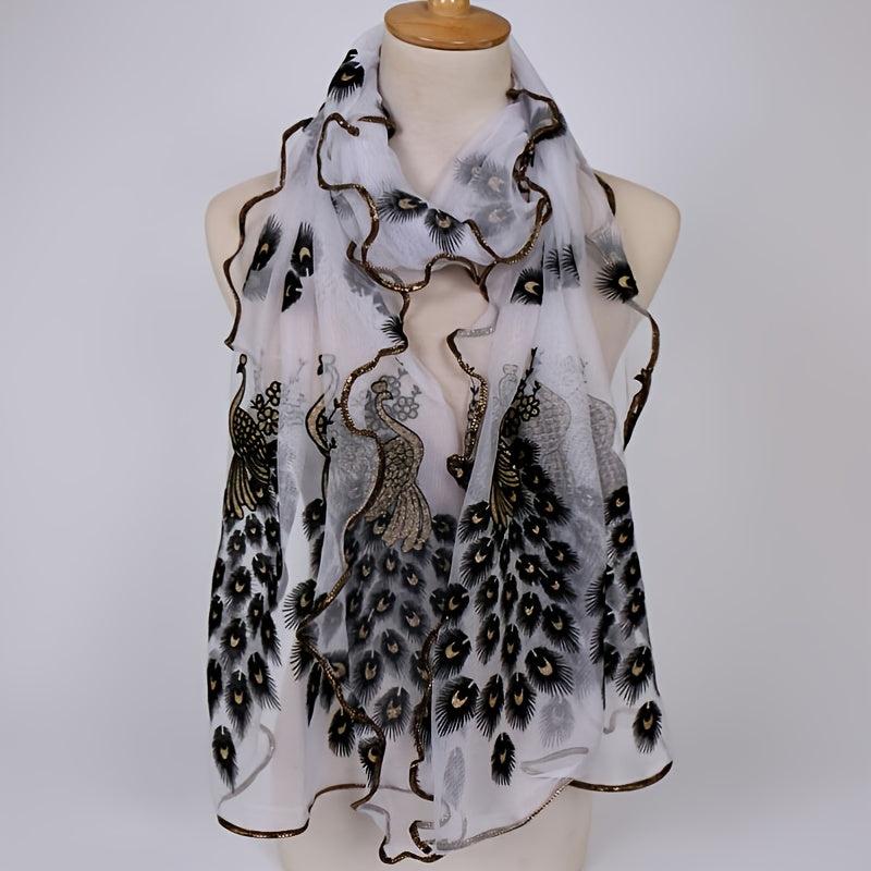 Peacock Velvet Golden Print Long Scarf