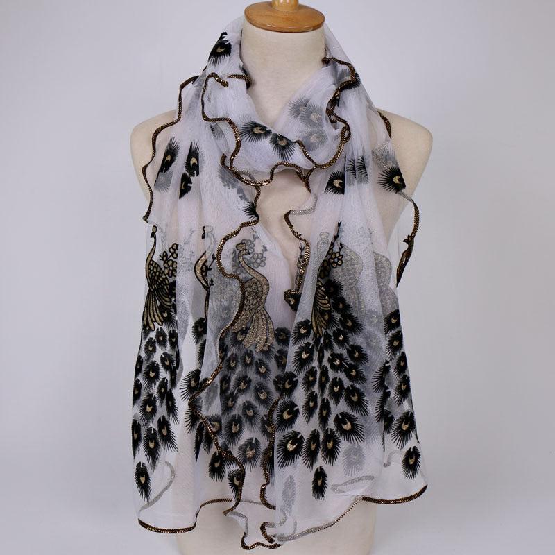 Peacock Velvet Golden Print Long Scarf