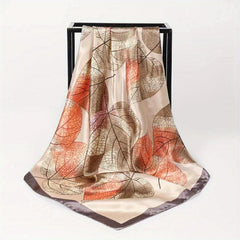 Large Square Leaves Print Satin Scarf Soft Windproof Head Wrap