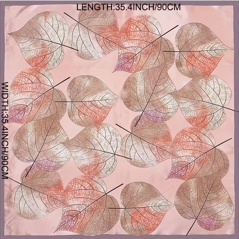 Large Square Leaves Print Satin Scarf Soft Windproof Head Wrap