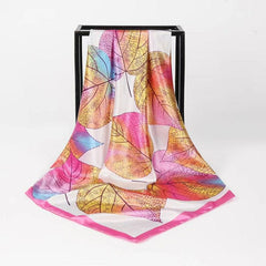Large Square Leaves Print Satin Scarf Soft Windproof Head Wrap