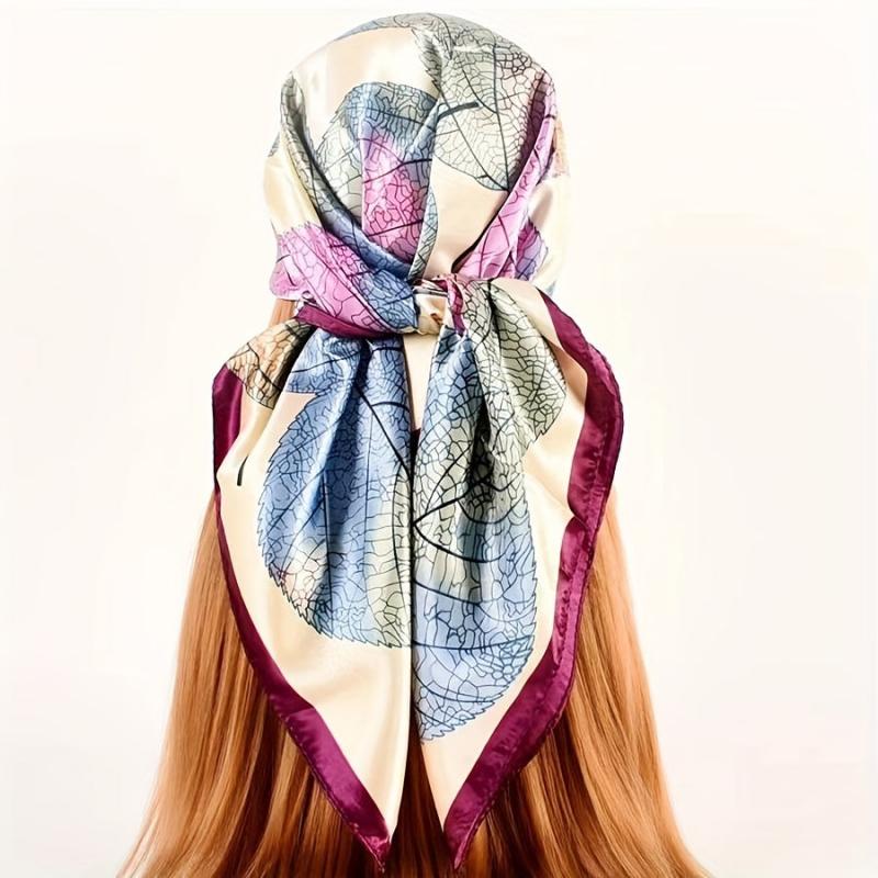 Large Square Leaves Print Satin Scarf Soft Windproof Head Wrap