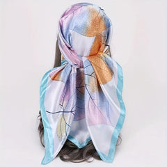 Large Square Leaves Print Satin Scarf Soft Windproof Head Wrap
