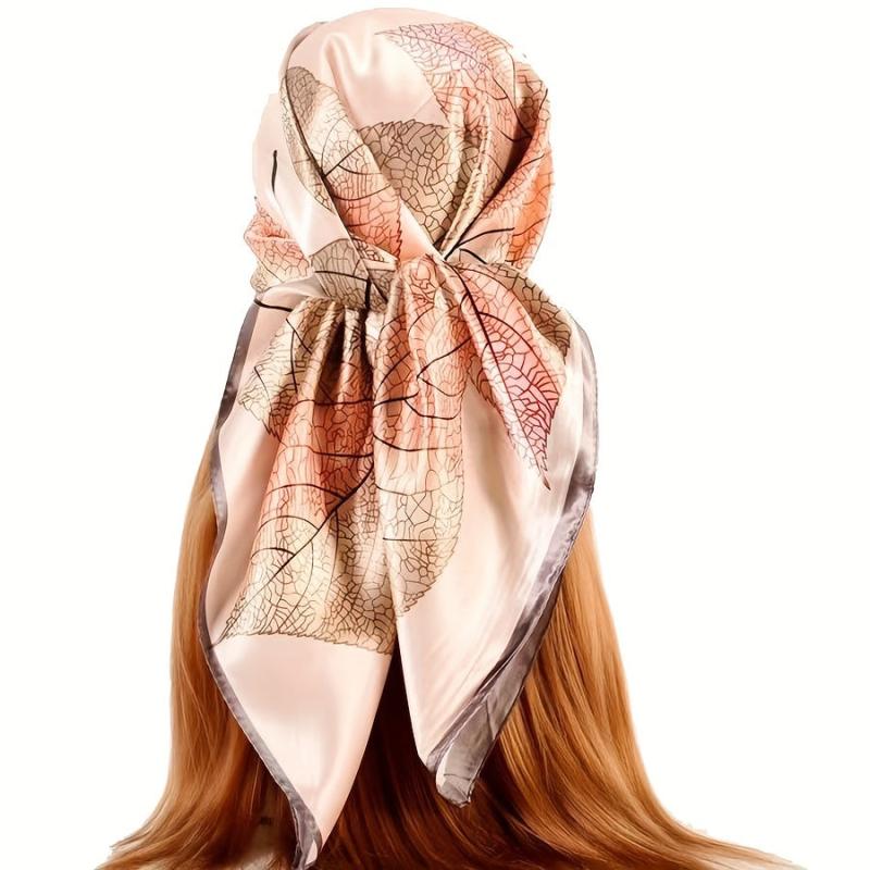 Large Square Leaves Print Satin Scarf Soft Windproof Head Wrap