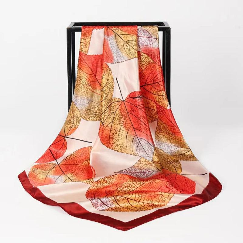 Large Square Leaves Print Satin Scarf Soft Windproof Head Wrap