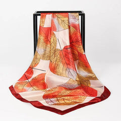 Large Square Leaves Print Satin Scarf Soft Windproof Head Wrap