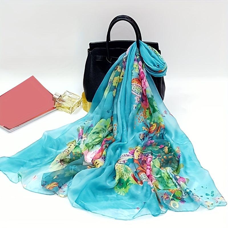 Boho Flower Print Scarf Oversized Thin Shawl Silk Head Wrap