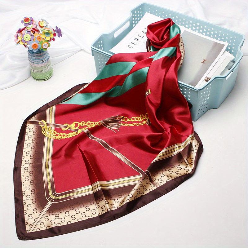 Tassel Chain Print Square Scarf Vintage Shawl Silk Neckerchief Bandana