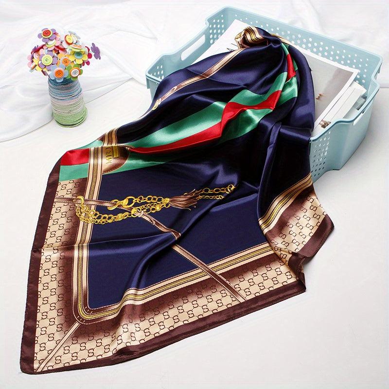 Tassel Chain Print Square Scarf Vintage Shawl Silk Neckerchief Bandana