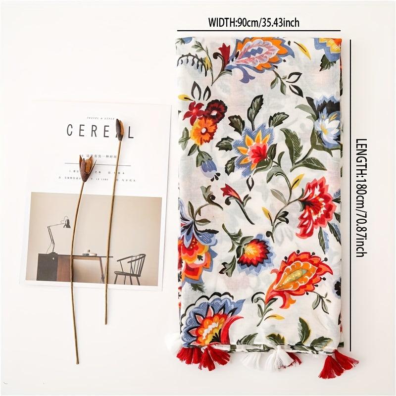 Boho Flower Print Tassel Scarf Vintage Gauze Shawl Hijab Turban