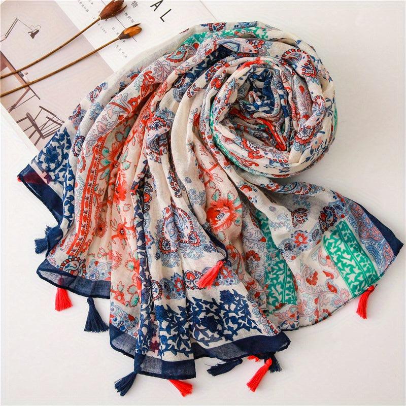 Boho Flower Print Tassel Scarf Vintage Gauze Shawl Hijab Turban