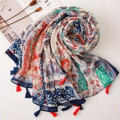 Boho Flower Print Tassel Scarf Vintage Gauze Shawl Hijab Turban
