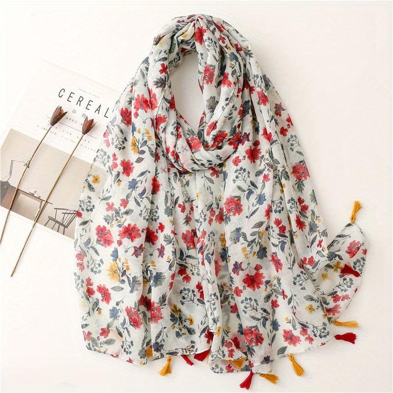 Boho Flower Print Tassel Scarf Vintage Gauze Shawl Hijab Turban