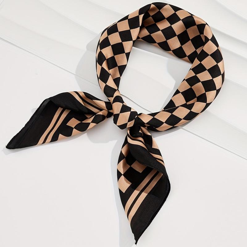 Checkerboard Print Bandana Silk Scarf for Women