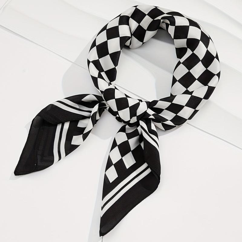 Checkerboard Print Bandana Silk Scarf for Women