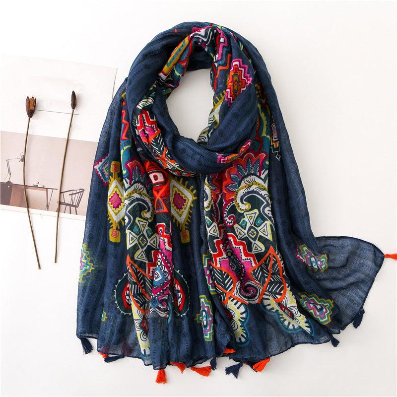 Warm Linen Printed Shawl Retro Colorful Scarf