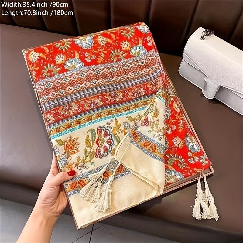 Boho Flower Print Tassel Scarf Classic Windproof Shawl Women Head Wrap