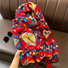 Boho Flower Print Tassel Scarf Classic Windproof Shawl Women Head Wrap