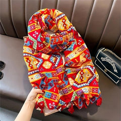 Boho Flower Print Tassel Scarf Classic Windproof Shawl Women Head Wrap