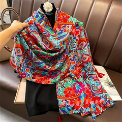 Boho Flower Print Tassel Scarf Classic Windproof Shawl Women Head Wrap