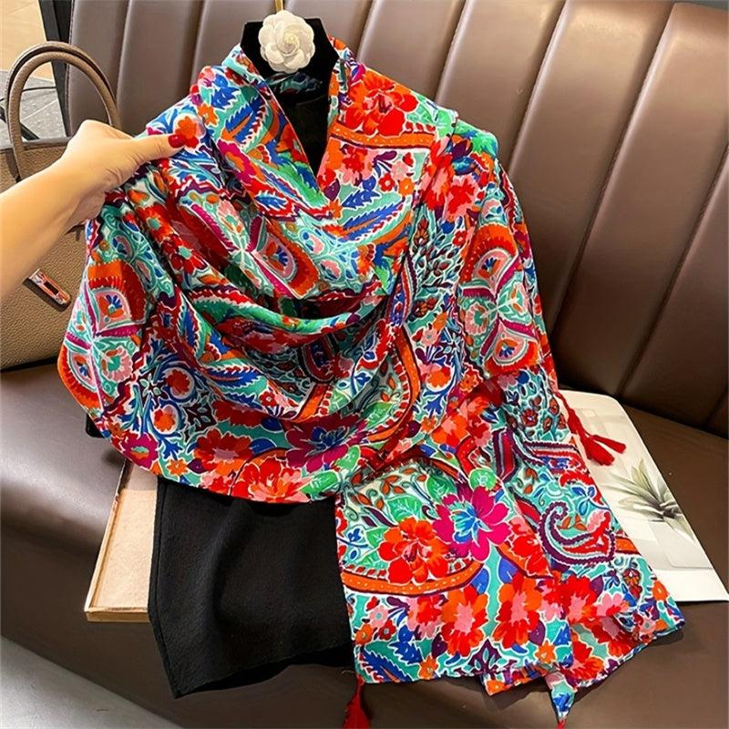 Boho Flower Print Tassel Scarf Classic Windproof Shawl Women Head Wrap