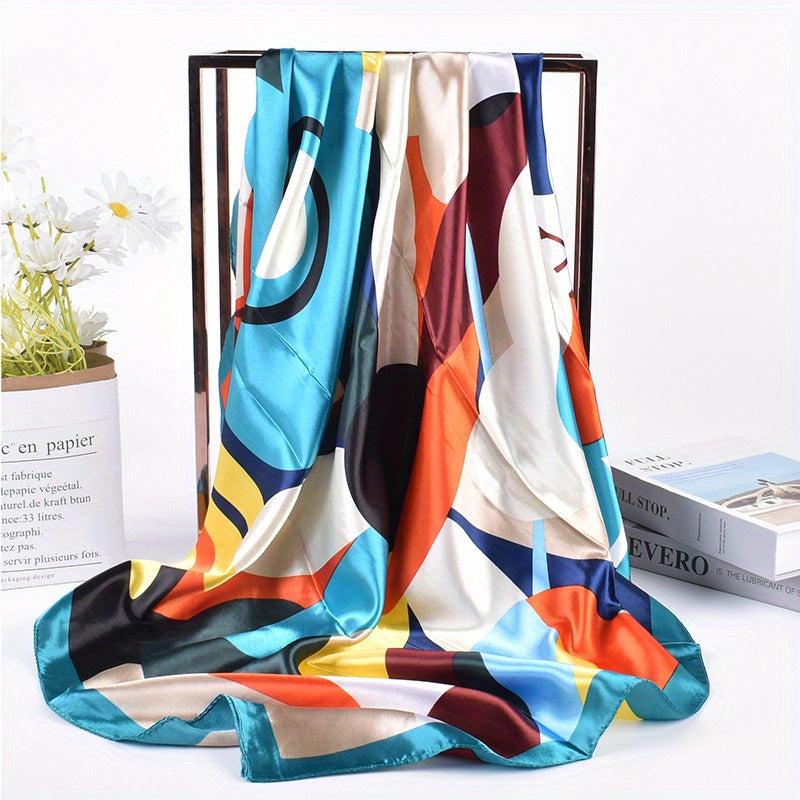 Colorful Geometric Print Bandana Black Square Scarf Silk Shawl