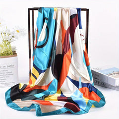 Colorful Geometric Print Bandana Black Square Scarf Silk Shawl