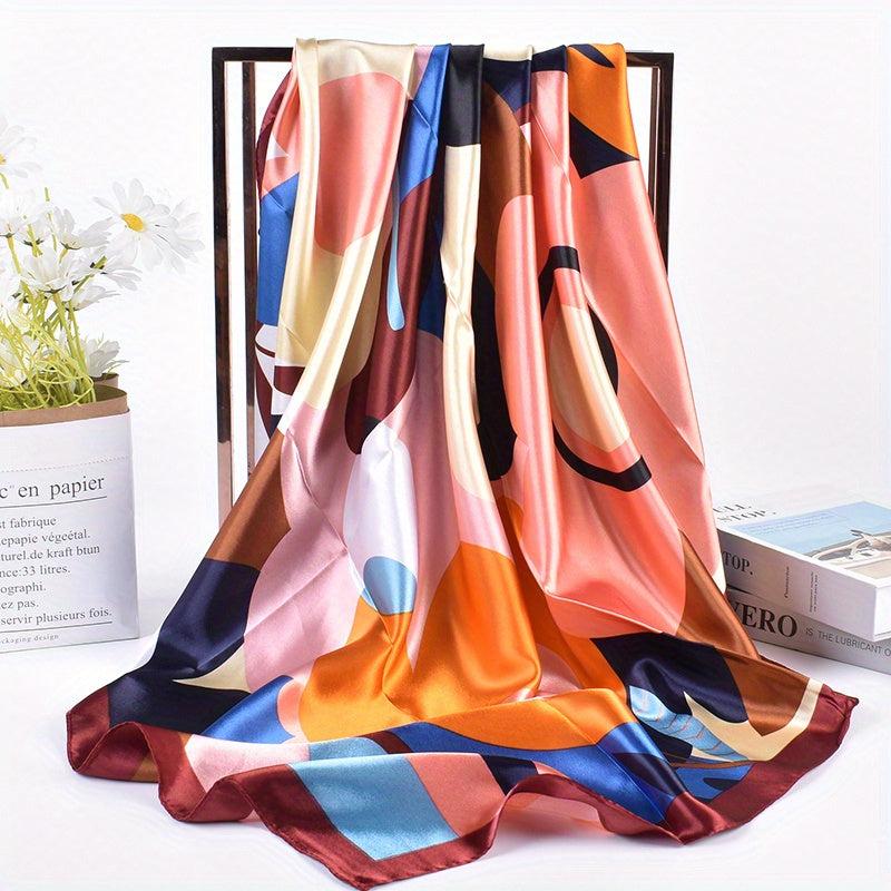 Colorful Geometric Print Bandana Black Square Scarf Silk Shawl