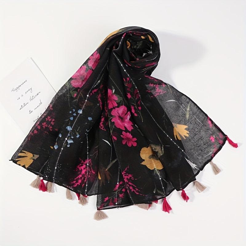 Flower Print Tassel Scarf Vintage Casual Shawl Windproof Warm Head Wrap