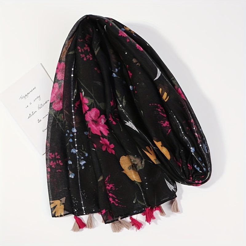 Flower Print Tassel Scarf Vintage Casual Shawl Windproof Warm Head Wrap