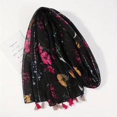 Flower Print Tassel Scarf Vintage Casual Shawl Windproof Warm Head Wrap