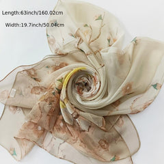 Thin Print Silk Scarf Lightweight Floral Pattern Scarf