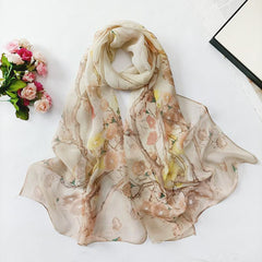 Thin Print Silk Scarf Lightweight Floral Pattern Scarf