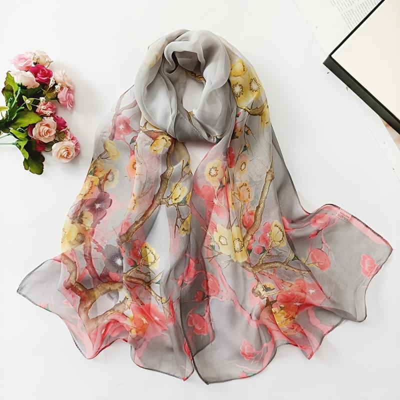Thin Print Silk Scarf Lightweight Floral Pattern Scarf