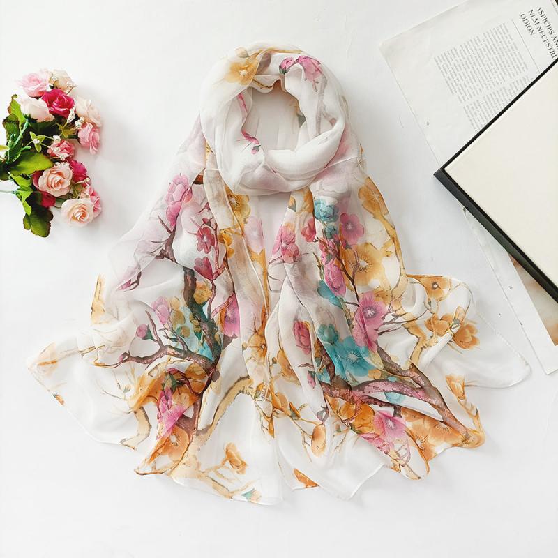 Thin Print Silk Scarf Lightweight Floral Pattern Scarf