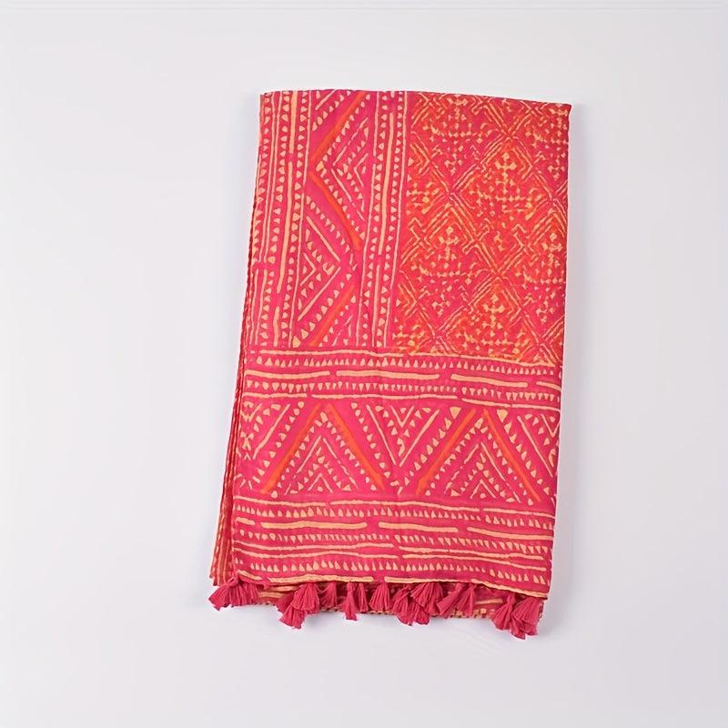 Boho Geometric Print Scarf Red Tassel Warm Shawl