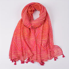 Boho Geometric Print Scarf Red Tassel Warm Shawl