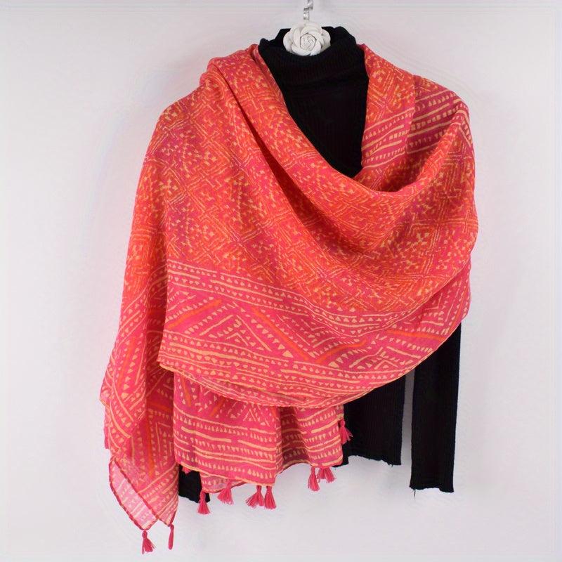 Boho Geometric Print Scarf Red Tassel Warm Shawl