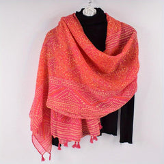 Boho Geometric Print Scarf Red Tassel Warm Shawl